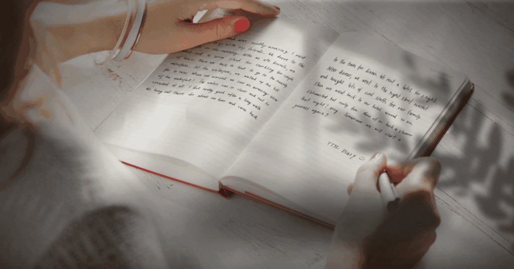 40代独身女性がシャドーワークとしてノートに感情を書き出す様子。自己理解と心の整理を深めるジャーナリング