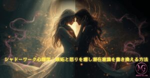 シャドーワークで怒りや嫉妬という影を癒し、潜在意識を書き換えて本来の自分を取り戻し、美容や引き寄せにつなげる光と影の融合イメージ