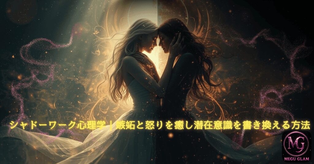 シャドーワークで怒りや嫉妬という影を癒し、潜在意識を書き換えて本来の自分を取り戻し、美容や引き寄せにつなげる光と影の融合イメージ
