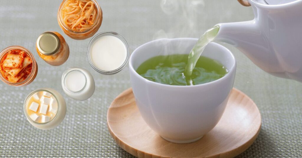 アジアの美を感じる食卓イメージ。味噌や納豆などの発酵食品と、緑茶や烏龍茶などのお茶を取り入れ、内側のリズムを整える自然な美容習慣。