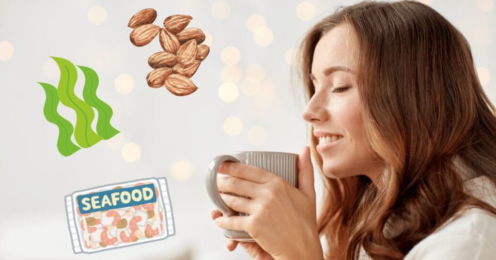 印象を明るくする“めぐり”の食材イメージ。緑茶・柑橘類・生姜・発酵食品など、体の巡りを整えていきいきとした表情を引き出す食卓。