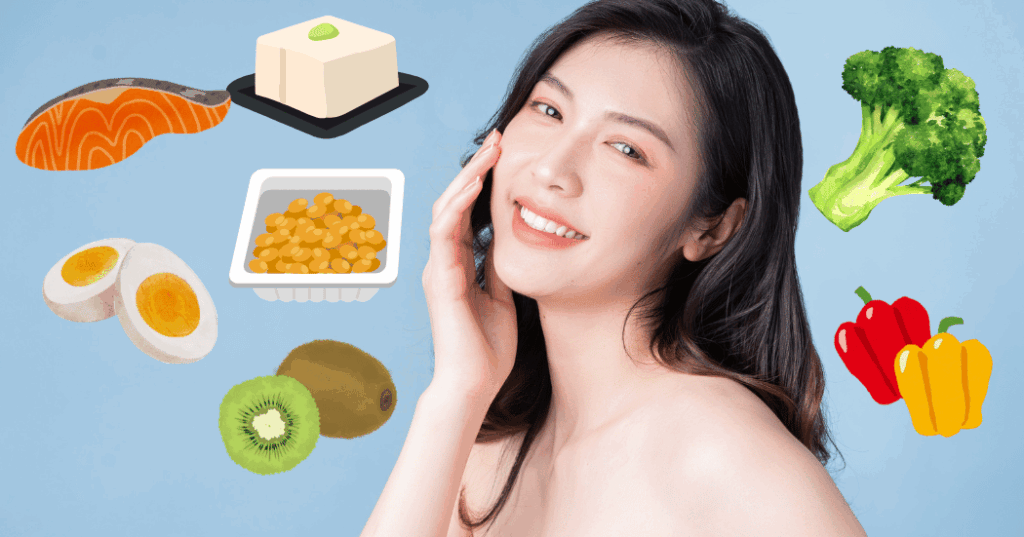 肌のハリとツヤを支える美容食材のイメージ。魚・豆製品・ナッツ・野菜・オリーブオイルなど、内側からうるおいを引き出す食卓風景。