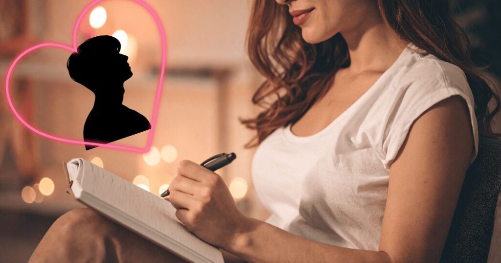 40代女性が理想のパートナー像を明確に描き、ノートに理想の恋愛や関係性を書き出しているイメージ。愛と幸福を引き寄せるビジョンワークの瞬間。