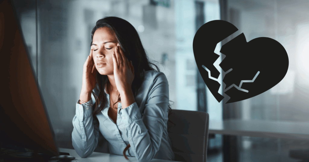 努力して続ける恋愛が限界を迎えている女性の心情を表現した画像。疲れた表情で思い悩む40代女性と、背景にかすかな光や希望を感じさせるイメージ。