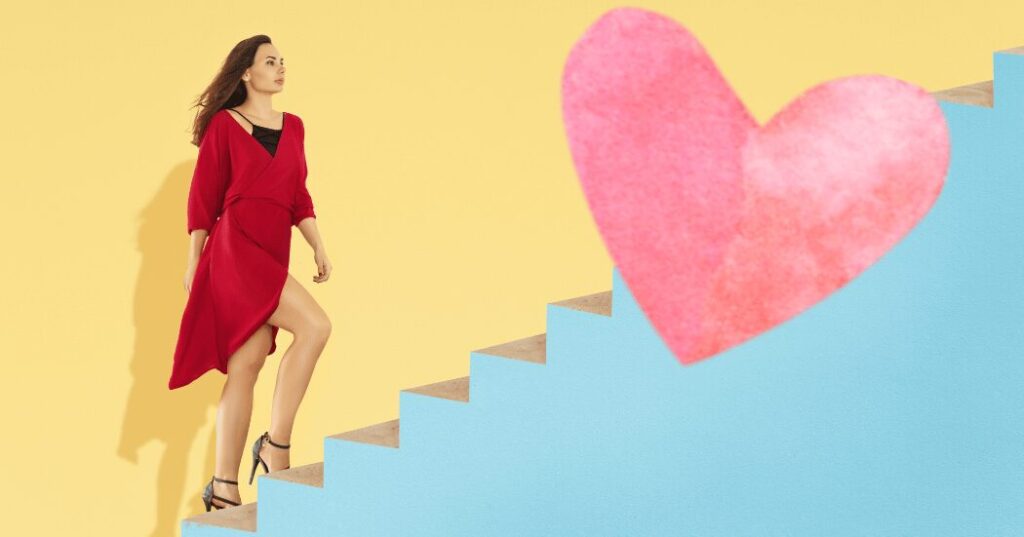 本質的な恋を引き寄せる女性の行動習慣を表現した画像。心身を整えながら前向きに生きる女性が、未来の愛へ向かって軽やかに進む様子。