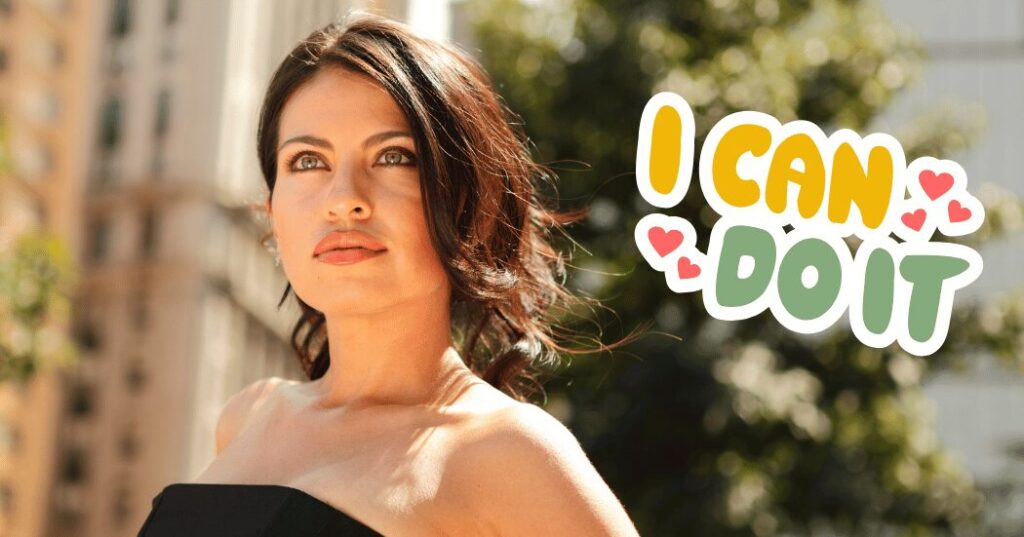 「私にはできるかもしれない」と前向きに感じて一歩踏み出そうとする40代女性。自己効力感が行動力と未来の変化につながるイメージ