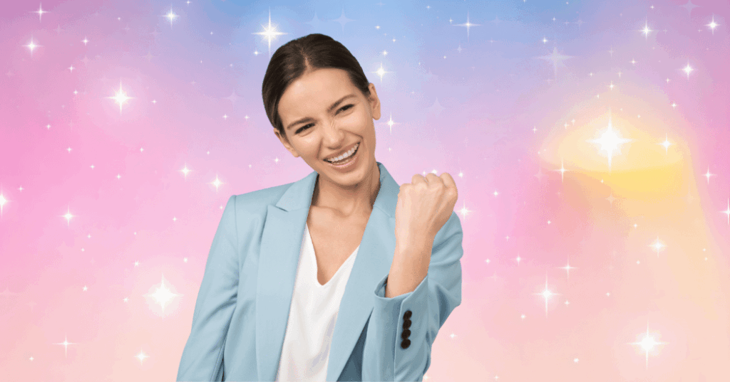 小さな一歩を踏み出し前向きに微笑む40代女性。「今日の行動が未来の“できる私”を育てる」というメッセージを象徴するイメージ