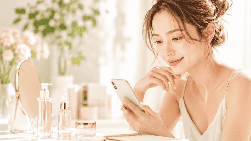 40代女性が美容液の口コミを参考にしながら、自分に合う美容液を選んでいる様子