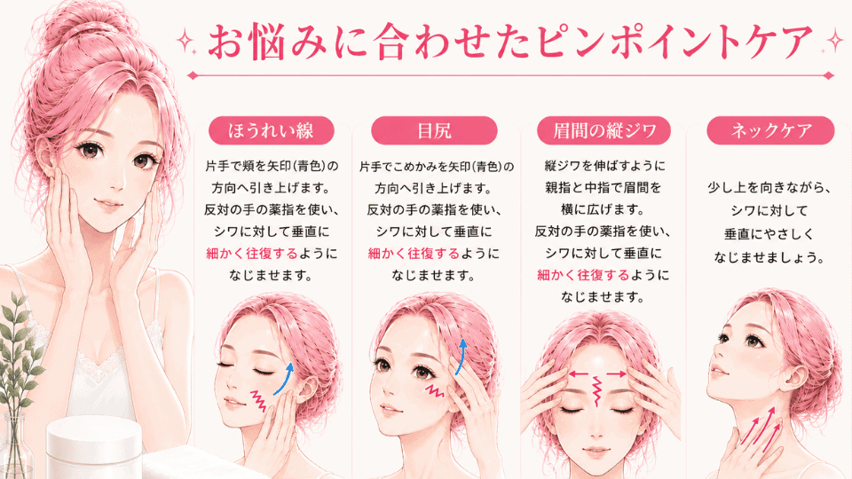 シンピストの使い方。ほうれい線・目尻・眉間・首元の気になる部分へやさしくなじませるポイントケア方法