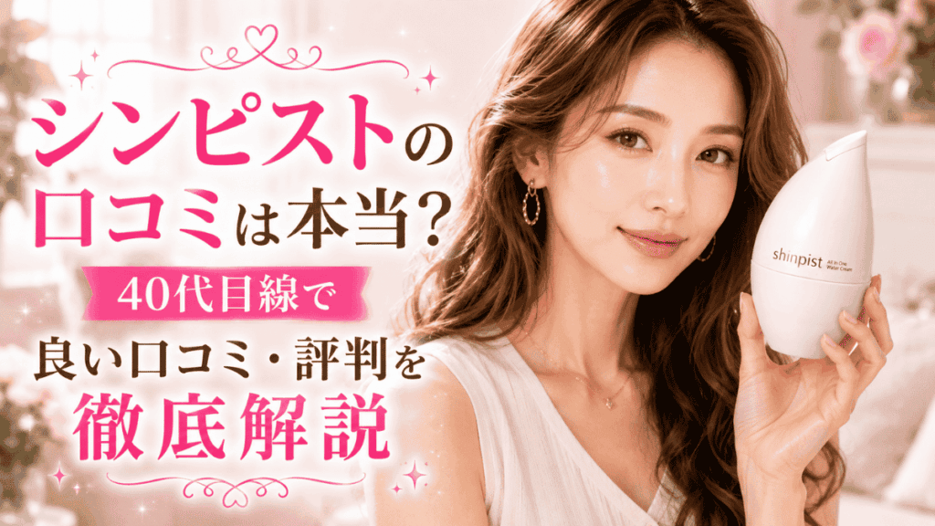 シンピストの口コミや評判を40代目線で解説するアイキャッチ画像。シンピストを持つ女性と商品イメージ。