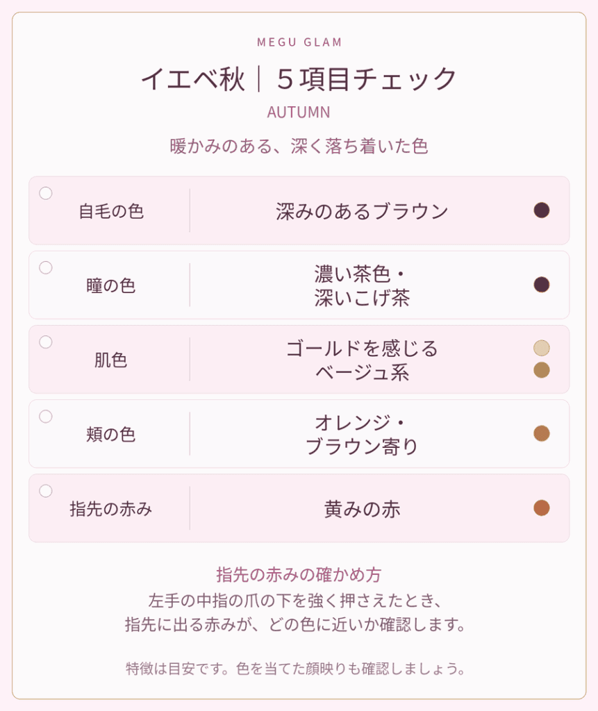 イエベ秋の特徴を、自毛・瞳・肌・頬の色と指先の赤みの5項目で確認するチェック表。